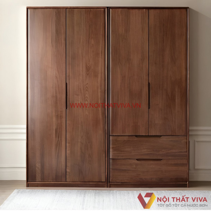 Tủ Đựng Quần Áo Gỗ Sồi Sơn Màu Óc Chó Kịch Trần Đẹp Hiện Đại